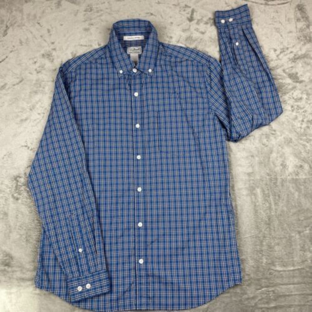 LL Bean Performance Shirt Long Sleeve Blue Slightly Fitted Button Up Mens M REG